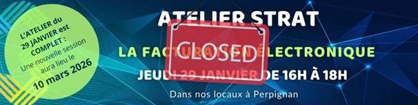 Bannière pour un atelier intitulé ATELIER STRAT : La Facturation Électronique, prévu le 19 janvier de 16h à 18h à Perpignan, avec un panneau rouge FERMÉ au-dessus